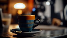 Cup Of Coffee With Cinematic Color Grading. Ceramic Retro Cup Close-up.
