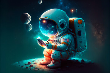 astronaut in space, illustration of an astronaut on a planet, sitting alone and typing on his smartp