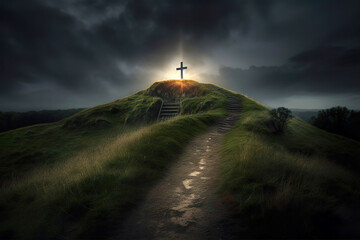 Wall Mural - Christian cross on hill outdoors at sunrise. Resurrection of Jesus. Generative Ai.