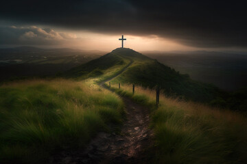 Canvas Print - Christian cross on hill outdoors at sunrise. Resurrection of Jesus. Generative Ai.