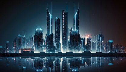 Wall Mural - Neon mega city capital towers with futuristic technology background, future modern building virtual reality, night life style concept, digital design, digital technology scene with Generative Ai.