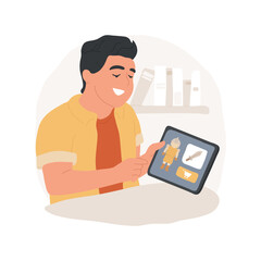Poster - Video games purchase isolated cartoon vector illustration. Teenager sitting with tablet and playing screen, boy buying extras with video games in store, digital technology vector cartoon.