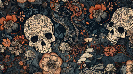 Canvas Print - Vintage floral seamless wallpaper with skulls diagra Generative AI