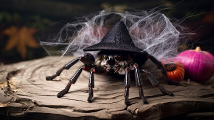 Canvas Print - spider dressed as a witch Generative AI