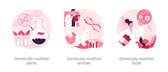 Poster - Biotechnology in agriculture abstract concept vector illustration set. Genetically modified plants and animals, GM food industry, gmo farming, transgenic crops, nutrition safety abstract metaphor.