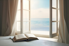 An Open Book On The Window, The Endless Expanse Of The Ocean Outside The Window, Light Airy Curtains Flutter Along The Edges Of The Window Living And Lifestyle Concept. Generative AI.
