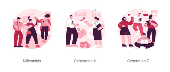 Poster - generational change abstract concept vector illustration set. millennials, generation x and z, digit