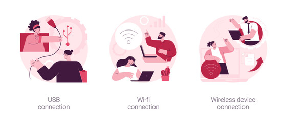 Poster - Data transfer abstract concept vector illustration set. USB connection, free public Wi-Fi, wireless device connection, computer network, device connection cable, standard USB port abstract metaphor.