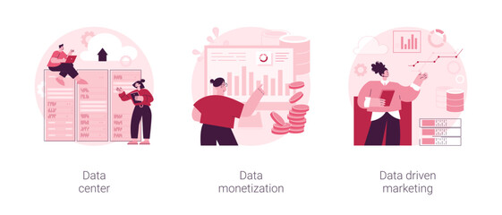 Poster - Selling database abstract concept vector illustration set. Data center, remote storage, information monetization, data-driven marketing strategy, customer information, campaign abstract metaphor.