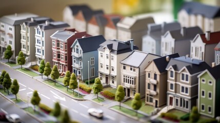 Miniature model of a modern townhouse neighborhood, captured with tilt-shift focus technique, displaying contemporary architectural style. Crafted by AI.