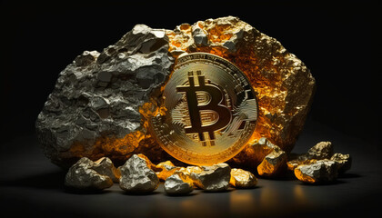 Wall Mural - Bitcoin in stone - This photo captures the essence of crypto-currency with a striking image of Bitcoin - ai generated