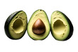 a summer and food-themed photographic illustration featuring three avocadoes sliced in half with seeds set on a transparent background in PNG. Generative AI