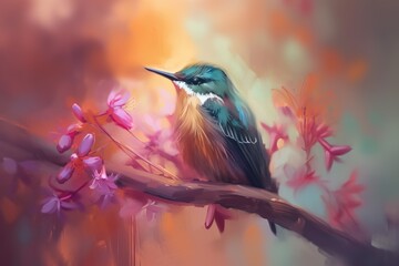 Poster -  a painting of a bird sitting on a branch of a tree with pink flowers in the foreground and an orange background behind it,.  generative ai