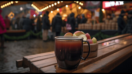 Poster - A mug of hot cider at a Christmas market Generative AI