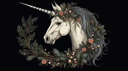 Wall Mural - A magical depiction of a unicorn with a wreath Generative AI