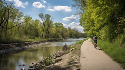 Wall Mural - A cyclist on the back pedaling on a bike path beside Generative AI