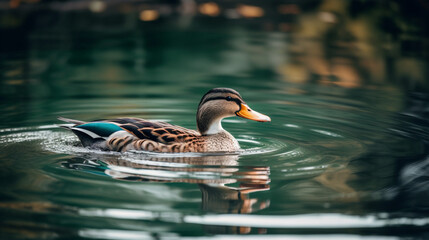 Wall Mural - A duck swimming in a serene lake Generative AI