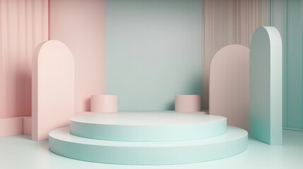 Poster - Product showcase podium stand in light rose and blue colour. Generative ai