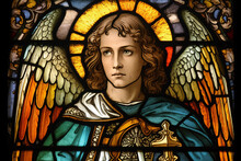 St. Michael The Archangel Illustration. Archangle Saint Michael. Generative Ai. Protection And Defense Symbol. Stained Glass.
