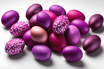  Easter eggs in bright colors on a white background. The color is magenta. Volume. Happy easter. With Generative AI tehnology