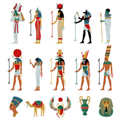 Canvas Print - Set of Egyptian gods and goddesses. Osiris, Horus, Ra, Hathor, Ptah, Sekhmet, Maat ancient Egyptian deities vector illustration