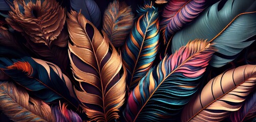Wall Mural - Feathers texture bright horizontal abstract background. Creative feather pattern. AI generated artistic horizontal template for design. Collage print with decorative feather texture, modern art.