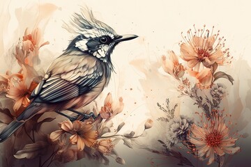 Sticker -  a bird is sitting on a branch with flowers in the foreground and a background of watercolors and inks on the upper half of the image.  generative ai