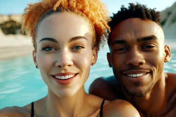 young multiethnic couple in shallow water in sea on sandy beach, white woman with orange dyed hair and african american man, happy couple on vacation, fictional location. Generative AI