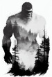 © JoelMasson - Muscular sasquatch with double exposure mountain forest fog