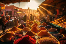 The Flavors And Aromas Of A Bustling Moroccan Market In Marrakech, Africa Souk Atmosphere With Herbs, Spices, Exotic Fruits Ai Generative