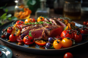 Artful Tuna Gourmet Dishe. Seared tuna, roasted bell peppers, cherry tomatoes, artichokes, balsamic reduction, garnished with fresh herbs. Gastronomic concept ai generative
