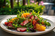 Fresh Garden Delight. A close-up shot of a colorful salad made with heirloom tomatoes, strawberries, citrus fruits and arugula with a garden background. Food and healthy eating concept. AI Generative