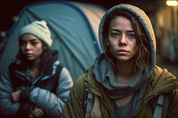 Wall Mural - young adult people sit in front of a large tent in a side street of a city, fictional location. Generative AI