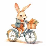 Fototapeta Pomosty - Watercolor rabbit on a bicycle children's illustration.Created with generative AI