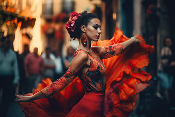 A passionate flamenco dancer is seen twirling and moving gracefully in a colorful Spanish street, embodying the essence of Andalusian culture | Flamenco in the Streets of Andalusia AI GENERATIVE