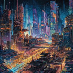 Wall Mural - Futuristic Cityscape with Glowing Skyscrapers 