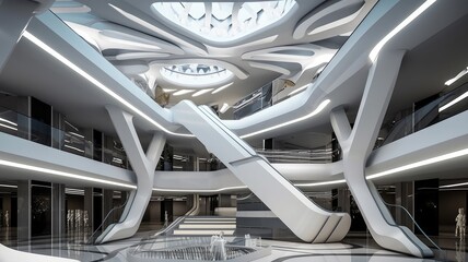 Design concept of a futuristic shopping mall interior, showcasing innovative architecture, advanced technology, and modern aesthetics for a unique retail experience. Crafted by AI.