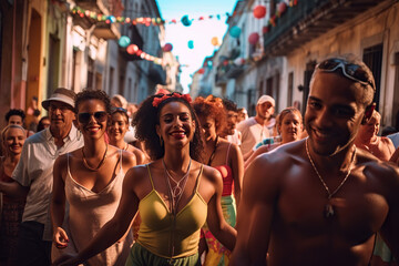 Wall Mural - A group of salsa dancers dressed in vibrant colors are seen performing on a busy street in Cuba. The rhythmic beat of the musi, the dancers expertly twirl, dip, and sway, AI GENERATIVE