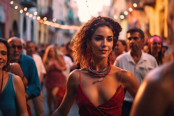 Wall Mural - A group of salsa dancers dressed in vibrant colors are seen performing on a busy street in Cuba. The rhythmic beat of the musi, the dancers expertly twirl, dip, and sway, AI GENERATIVE