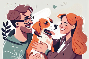 Happy family of two and dog, posing together. Cartoon characters