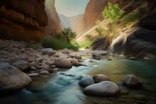  A River Running Through A Canyon Surrounded By Rocks And Trees In The Background Is A Canyon With A River Running Between Two Large Rocks And A Narrow Cliff.  Generative Ai
