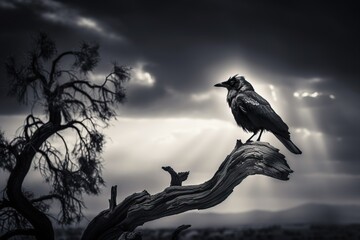  a black and white photo of a bird sitting on a tree branch with a cloudy sky in the background and sun rays coming through the clouds.  generative ai