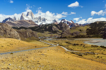 Wall Mural - Road to El Chalten and panorama with Fitz Roy mountain at Los Glaciares National Park