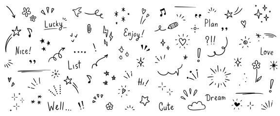 Doodle cute glitter pen line elements. Doodle heart, arrow, star, sparkle decoration symbol set icon. Simple sketch line style emphasis, attention, pattern elements. Vector illustration.