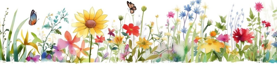 Sticker - Panoramic banner with watercolor flowers, meadow in summer, horizontal border of adorable wild flowers, AI generative