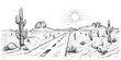Desert road sketch with cactus and skull, vector illustration. Hand drawn landscape of Arizona vector illustration. USA journey.