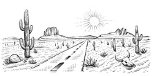 Desert Road Sketch With Cactus And Skull, Vector Illustration. Hand Drawn Landscape Of Arizona Vector Illustration. USA Journey.