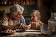 © Lara - grandmother and granddaughter baking cookies - grandma and little girl baking together - generative ai - not real people