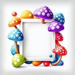 Wall Mural - An empty square frame with colorful painted mushrooms on white background. Ai generated abstract illustration with a square frame with bright colorful amanitas.