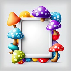 Wall Mural - An empty square frame with colorful painted mushrooms on white background. Ai generated abstract illustration with a square frame with bright colorful amanitas.